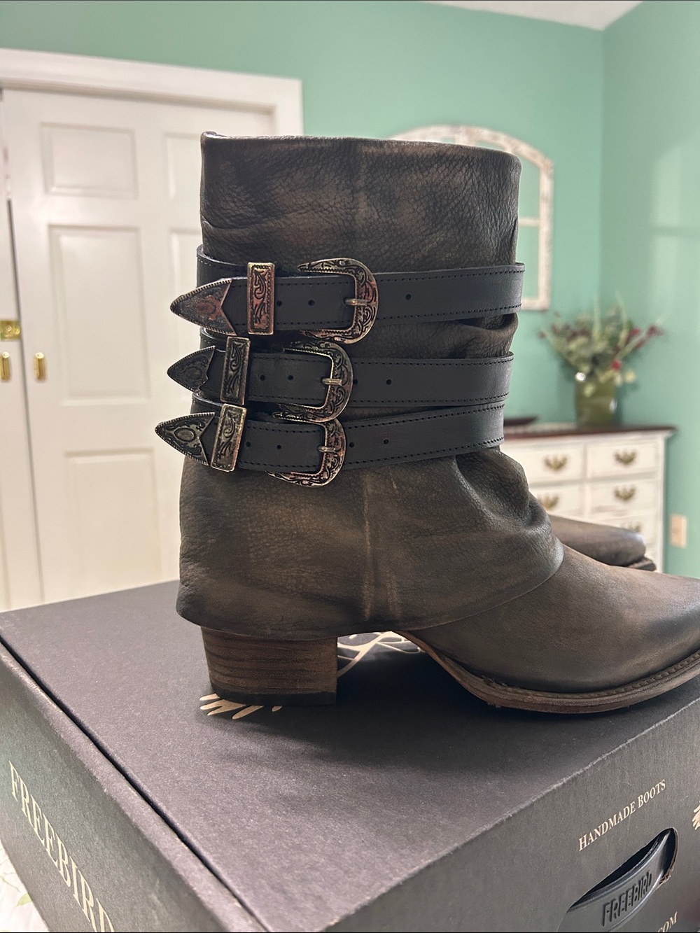 Womens Distressed Leather Ankle Boot with Triple Buckles - Olive